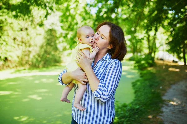 Happy Young Woman Holding Her Little Baby Girl Outdoors Mother — Stock Photo, Image