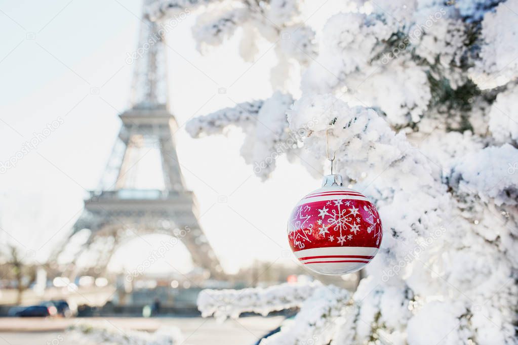 Christmas tree covered with snow and decorated with red ball on a street of Paris, France. Eiffel tower in the background. Trip to France during holidays season concept