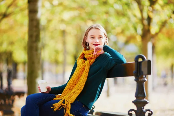 Happy Young Girl Yellow Scarf Coffee Walking Autumn Park Bright — Stock Photo, Image