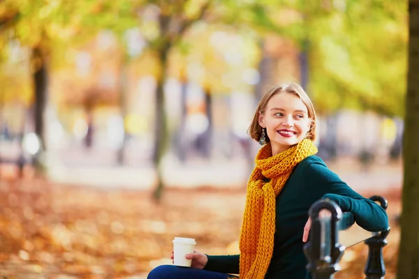 Happy Young Girl Yellow Scarf Coffee Walking Autumn Park Bright — Stock Photo, Image