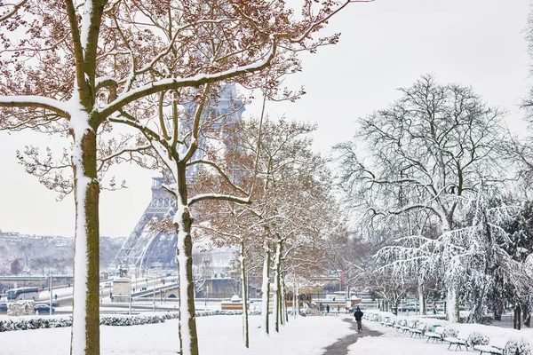 Vistas Panorámicas Torre Eiffel Día Con Mucha Nieve Condiciones Meteorológicas — Foto de Stock