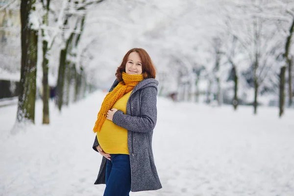 美しい妊婦妊娠と大雪の日に徒歩でパリの彼女の最後の週に — ストック写真
