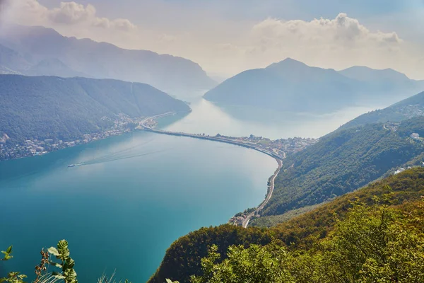 Schilderachtig Uitzicht Het Meer Van Lugano Vanaf Berg San Salvatore — Stockfoto