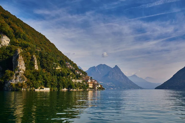 Vista Panoramica Del Paese Gandria Vicino Lugano Dal Lago Canton — Foto Stock