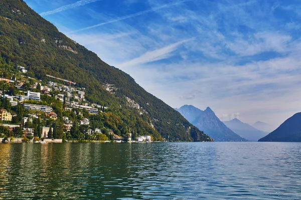 Vista Panoramica Dei Villaggi Montani Vicino Lugano Dal Lago Canton — Foto Stock