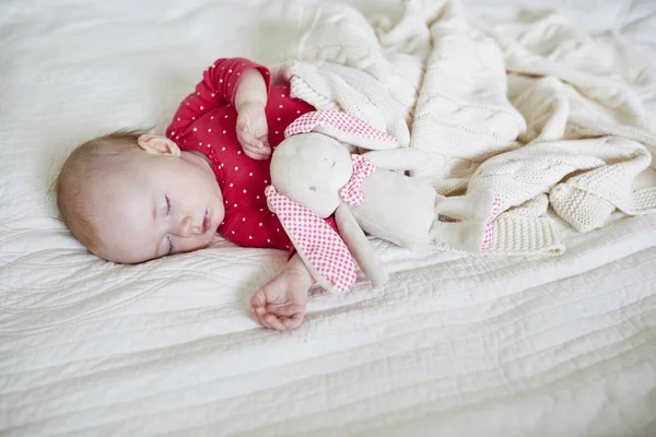 Малышка Спит Вязаным Одеялом Своей Любимой Игрушкой Маленький Ребенок Розовой — стоковое фото