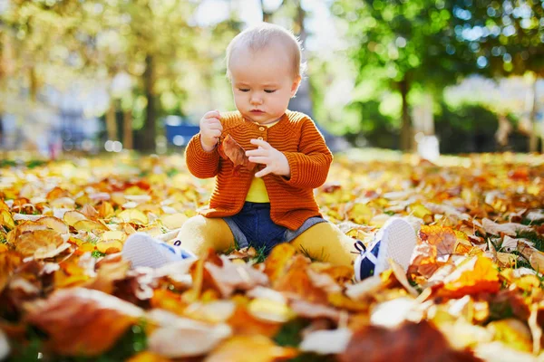 Nettes Kleines Mädchen Das Einem Schönen Herbsttag Spaß Hat Kind — Stockfoto