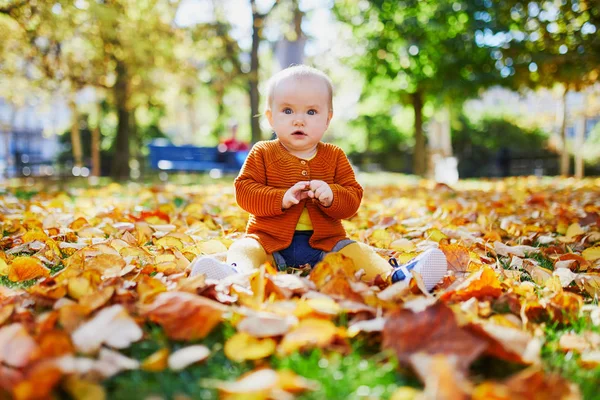 Nettes Kleines Mädchen Das Einem Schönen Herbsttag Spaß Hat Kind — Stockfoto