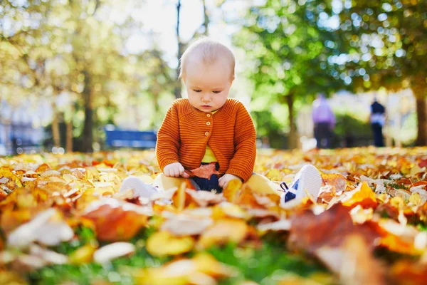 Nettes Kleines Mädchen Das Einem Schönen Herbsttag Spaß Hat Kind — Stockfoto