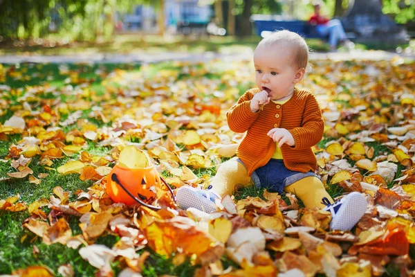 Cute Little Girl Zabawy Piękny Dzień Jesieni Dziecko Bawiące Się — Zdjęcie stockowe