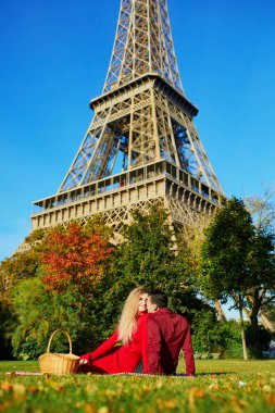 Çimlerde piknik aşık romantik çift Eyfel Kulesi Paris, Fransa'da sonbahar günü yakın: