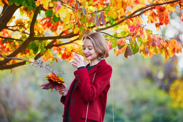 Mulher Bonita Com Monte Folhas Outono Coloridas Andando Parque Dia — Fotografia de Stock
