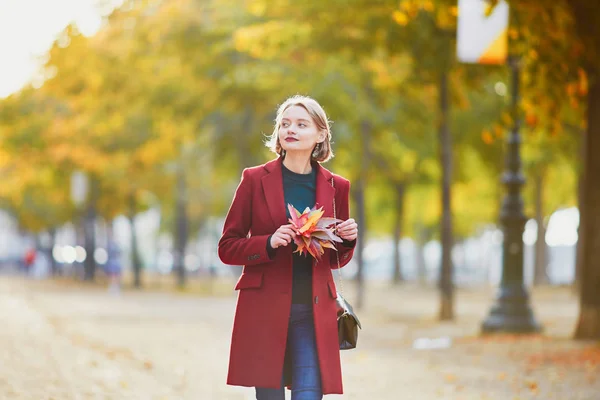 Vacker Ung Kvinna Med Massa Färgglada Hösten Lämnar Promenader Parken — Stockfoto