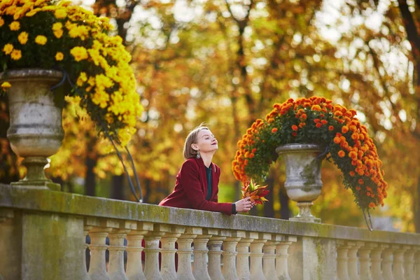 Beautiful Young Woman Bunch Colorful Autumn Leaves Walking Park Fall — Stock Photo, Image