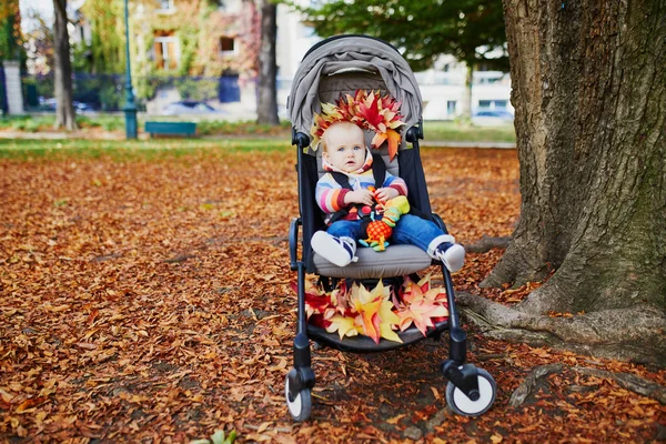 阳光明媚的秋天 可爱的女婴坐在婴儿车里 手里拿着一束红枫叶 躺在公园里 与孩子们的秋季活动 — 图库照片