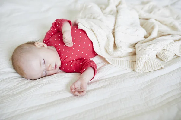 Baby Girl Sleeping Knitted Blanket Little Child Pink Clothes Having — Stock Photo, Image