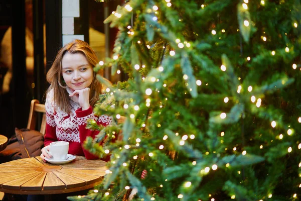 Cheerful Young Girl Holiday Sweater Drinking Coffee Hot Chocolate Cafe — Stock Photo, Image