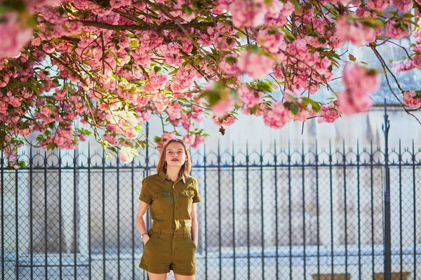 Hermosa Mujer Francesa Caminando París Día Primavera Temporada Flores Cerezo — Foto de Stock