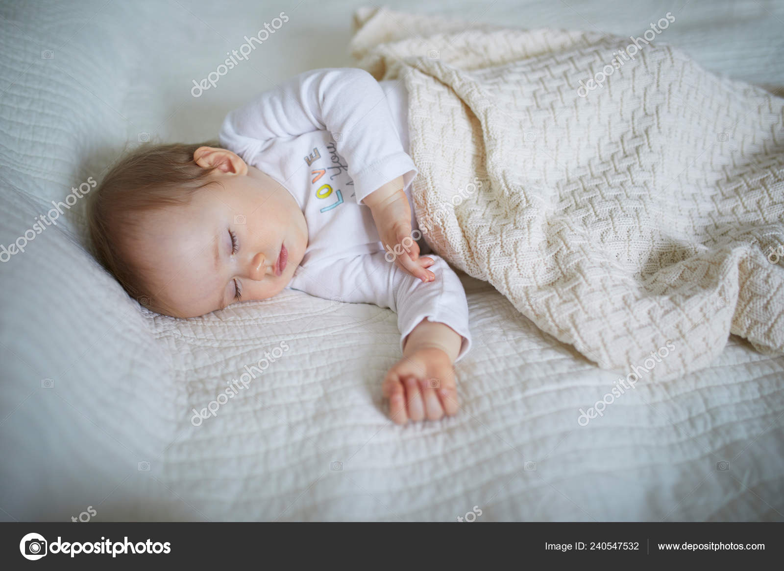 Adorable Baby Girl Sleeping Crib Knitted Blanket Small Kid Having Stock