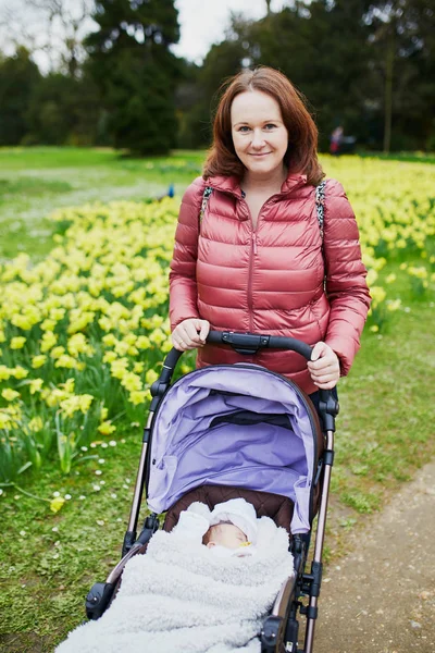 Happy Young Woman Walking Her Little Baby Outdoors Mother Child — Stock Photo, Image