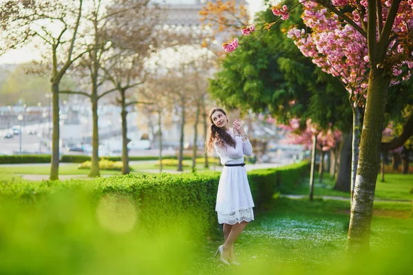 Happy Young Woman White Dress Enjoying Cherry Blossom Season Paris — Stock Photo, Image