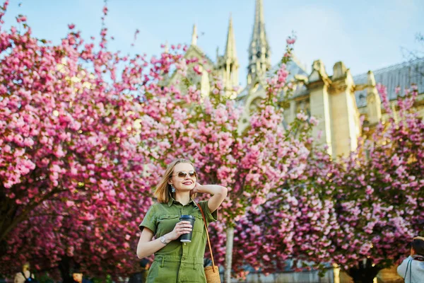 Hermosa Mujer Francesa Caminando París Día Primavera Temporada Flores Cerezo — Foto de Stock