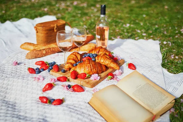 ロゼワイン、フレンチクロワッサン、新鮮なベリーと美しいピクニック — ストック写真