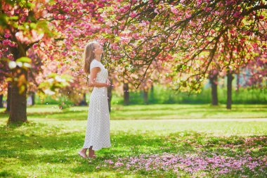 Kiraz çiçeği mevsiminde parkta yürüyüş yapan bir kadın.
