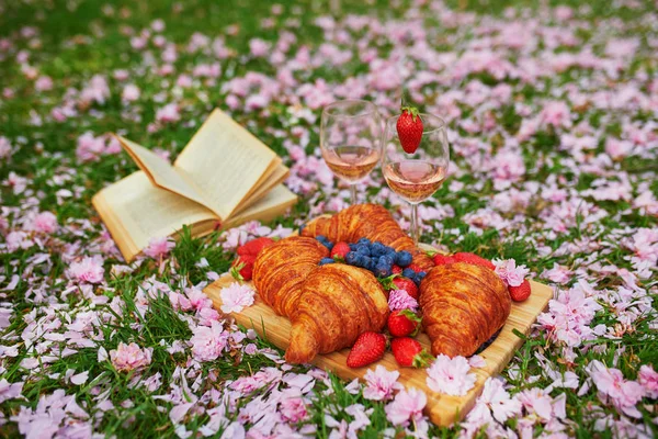 Прекрасный пикник с розовым вином, французскими круассанами и свежими ягодами — стоковое фото