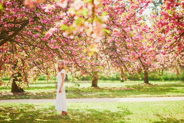 Kiraz çiçeği mevsiminde parkta yürüyüş yapan bir kadın. — Stok fotoğraf