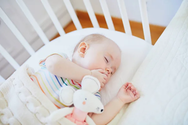 Baby sleeping in co-sleeper crib attached to parents 'bed — стоковое фото