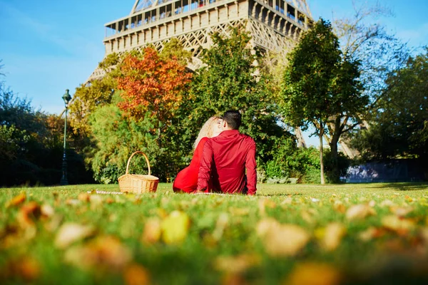 Romantic couple having picnic on the grass near the Eiffel tower — Stock Photo, Image