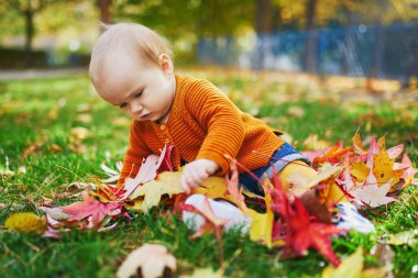 Kız çim üzerinde oturan ve renkli sonbahar yaprakları ile oynuyor