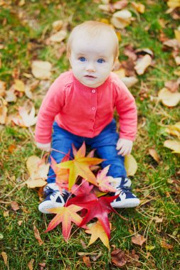 Kız çim üzerinde oturan ve renkli sonbahar yaprakları ile oynuyor