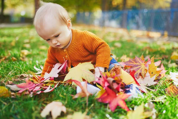 Dziewczyna siedzi na trawie i gra z kolorowych jesiennych liści — Zdjęcie stockowe