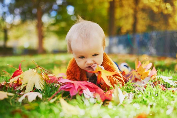 Mädchen sitzt auf dem Gras und spielt mit bunten Herbstblättern — Stockfoto