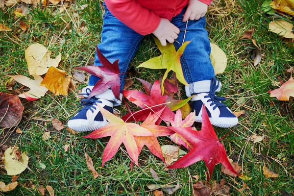 草の上に座って、カラフルな紅葉で遊ぶ女の子 — ストック写真