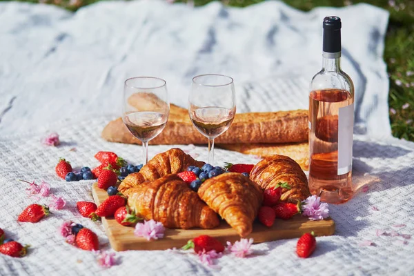 Гарний пікнік з рожевим вином, французькі круасани та свіжі ягоди — стокове фото