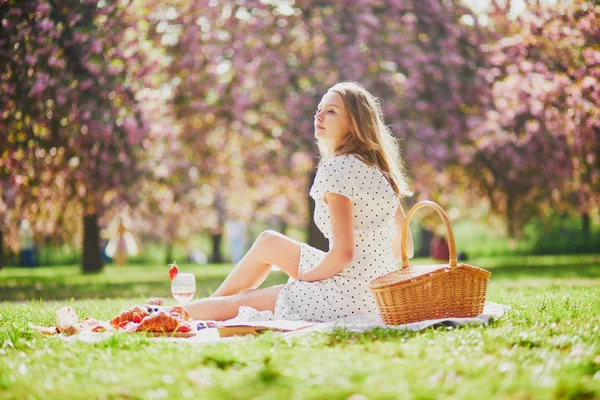 Mooie jonge vrouw met picknick — Stockfoto