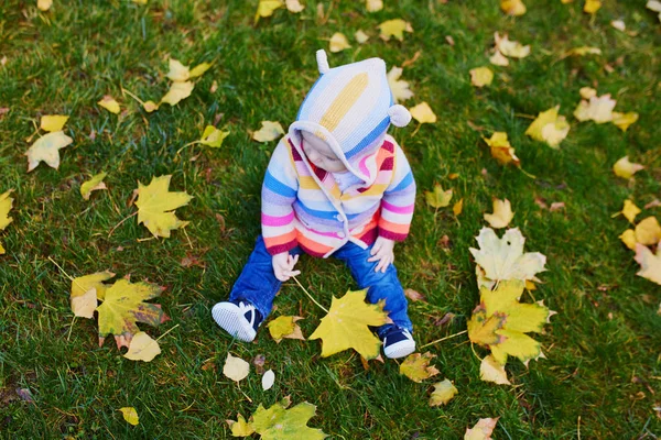 Menina sentada na grama e brincando com folhas coloridas de outono — Fotografia de Stock