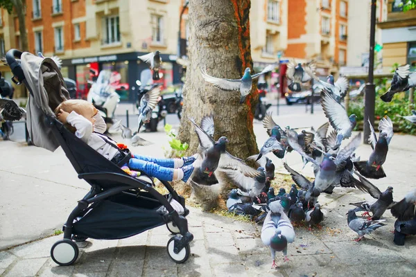 Adorable little girl in pushchair looking at pigeons — Stock Photo, Image