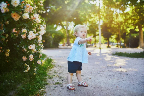 Αξιολάτρευτο μικρό κορίτσι σε εξωτερικούς χώρους στο πάρκο σε μια ηλιόλουστη μέρα — Φωτογραφία Αρχείου
