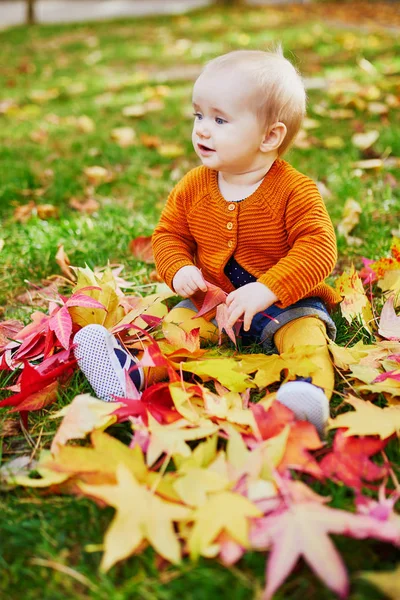 Mädchen sitzt auf dem Gras und spielt mit bunten Herbstblättern — Stockfoto