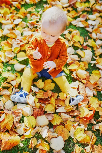 Adorable niña jugando con hojas amarillas de otoño — Foto de Stock