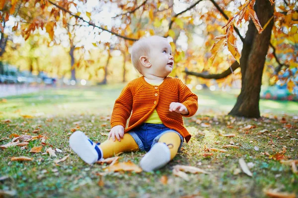 Девушка сидит на траве и играет с красочными осенними листьями — стоковое фото