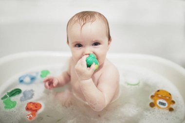 Küçük küvette lastik oyuncaklarla oynayan sevimli küçük kız.