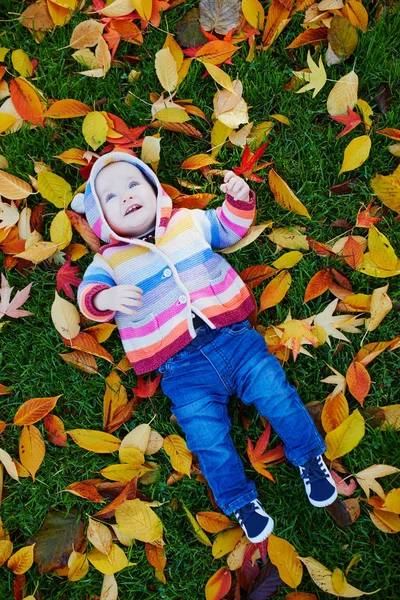 Chica sentada en la hierba y jugando con hojas de otoño de colores — Foto de Stock