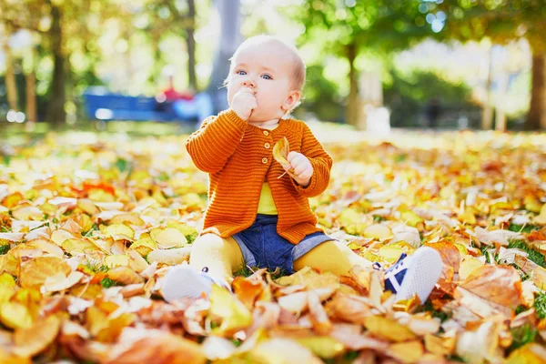 Αξιολάτρευτο μικρό κορίτσι παίζει με κίτρινα φύλλα του φθινοπώρου — Φωτογραφία Αρχείου