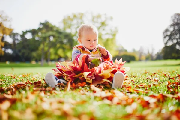 Mädchen sitzt in einem großen Haufen bunter Herbstblätter an einem Herbsttag im Park — Stockfoto