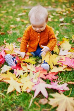 Kız çim üzerinde oturan ve renkli sonbahar yaprakları ile oynuyor